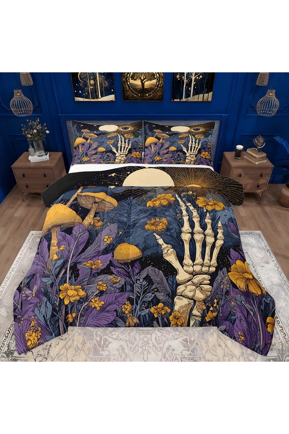 Rustic Mushroom Plant Bedding Comforter Set, Mystic Eyes Skeleton Twin Comforter Sets, Vintage Hippie Bohemian Reversible Bedding Set, Luxury Bedroom Decor, 2pcs