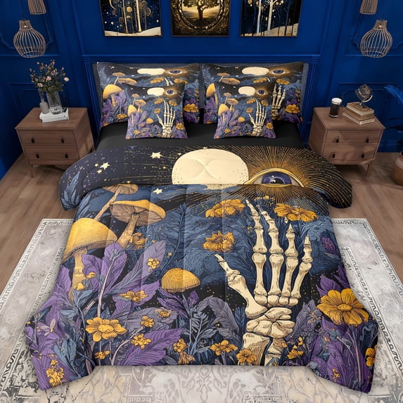 Feelyou Rustic Mushroom Plant Twin Bedding Sets 7-Piece, Mystic Eyes Skeleton Bedding Comforter Set, Vintage Hippie Bohemian Reversible Sheet Sets, Luxury Bedroom Decor