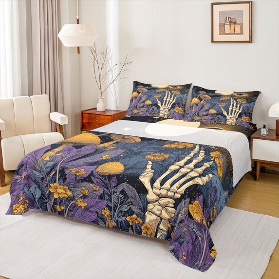 Feelyou Rustic Mushroom Plant Twin Sheet Sets, Mystic Eyes Skeleton Twin Fitted Sheet, Vintage Hippie Bohemian Flat Sheet, Luxury Bedroom Decor, 3pcs