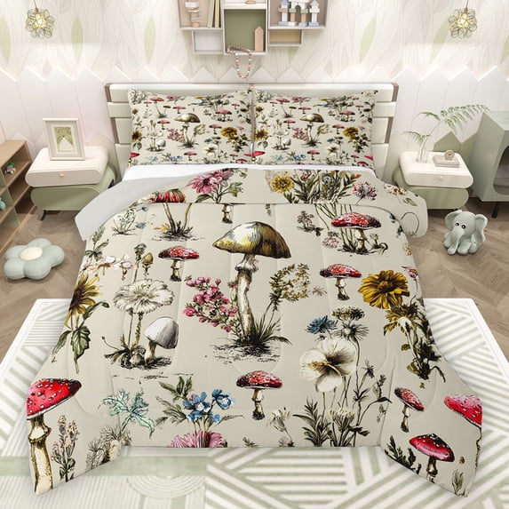 Feelyou Rustic Mushroom Print Bedding Comforter Set, Jungle Flower Floral Twin Comforter Sets, Farmhouse Plant Botanical Reversible Bedding Set, Super Cozy Room Decor, 2-Piece
