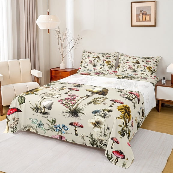 Feelyou Rustic Mushroom Print Twin Sheet Sets, Jungle Flower Floral Twin Fitted Sheet, Farmhouse Plant Botanical Flat Sheet, Super Cozy Room Decor, 3-Piece