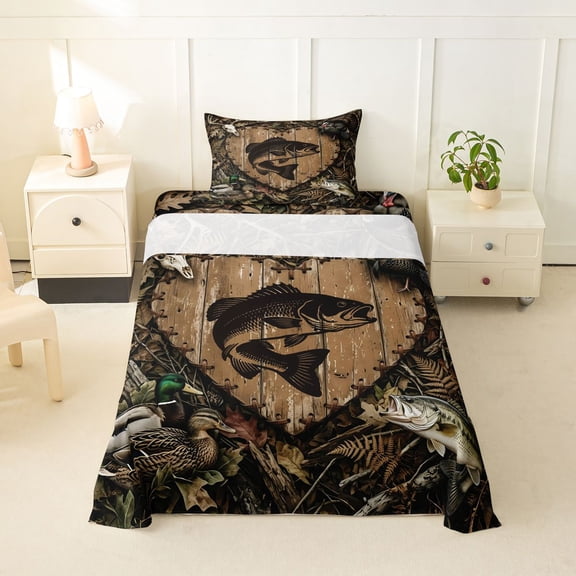 Feelyou Rustic Outdoor Bass Fishing Twin Sheet Sets for Men Boys, Country Woodland Animal Bedding, Brown, 3-Piece