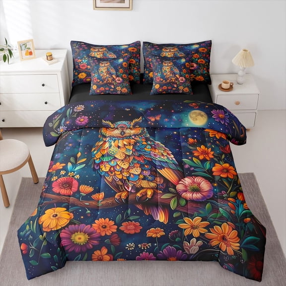 Feelyou Rustic Owl Flower Twin Bedding Sets 7pcs, Hippie Galaxy Bedding Comforter Set