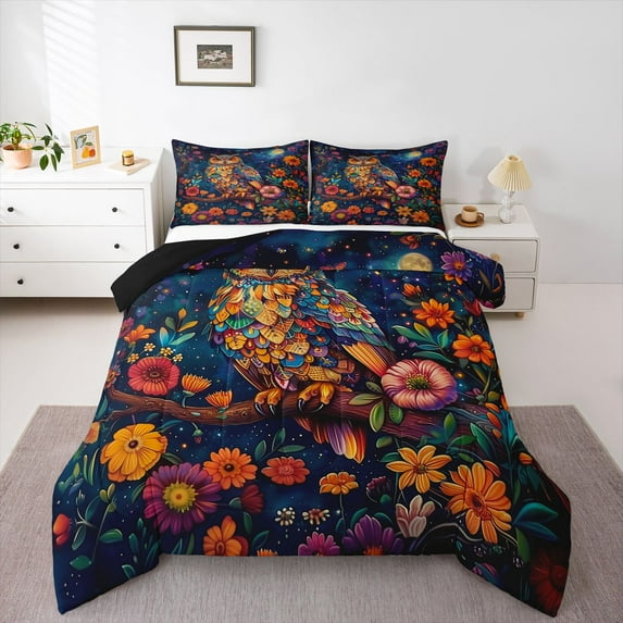 Feelyou Rustic Owl Flower Twin Comforter Sets, Mystic Hippie Galaxy Bedding Set, 2 Pieces