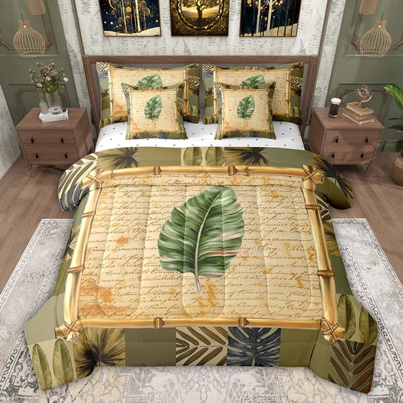 Feelyou Rustic Palm Leaf Bedding Comforter Set 7pcs for Teen, Tropic Botanical King Bedding Sets, Summer Plant Theme Reversible Bed Sheets, Ultra Soft Bedroom Decor