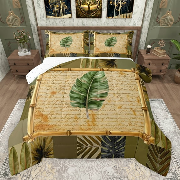 Feelyou Rustic Palm Leaf Full Size Comforter Sets for Teen, Tropic Botanical Bedding Comforter Set, Summer Plant Theme Reversible Bedding Sets, Ultra Soft Bedroom Decor, 3pcs
