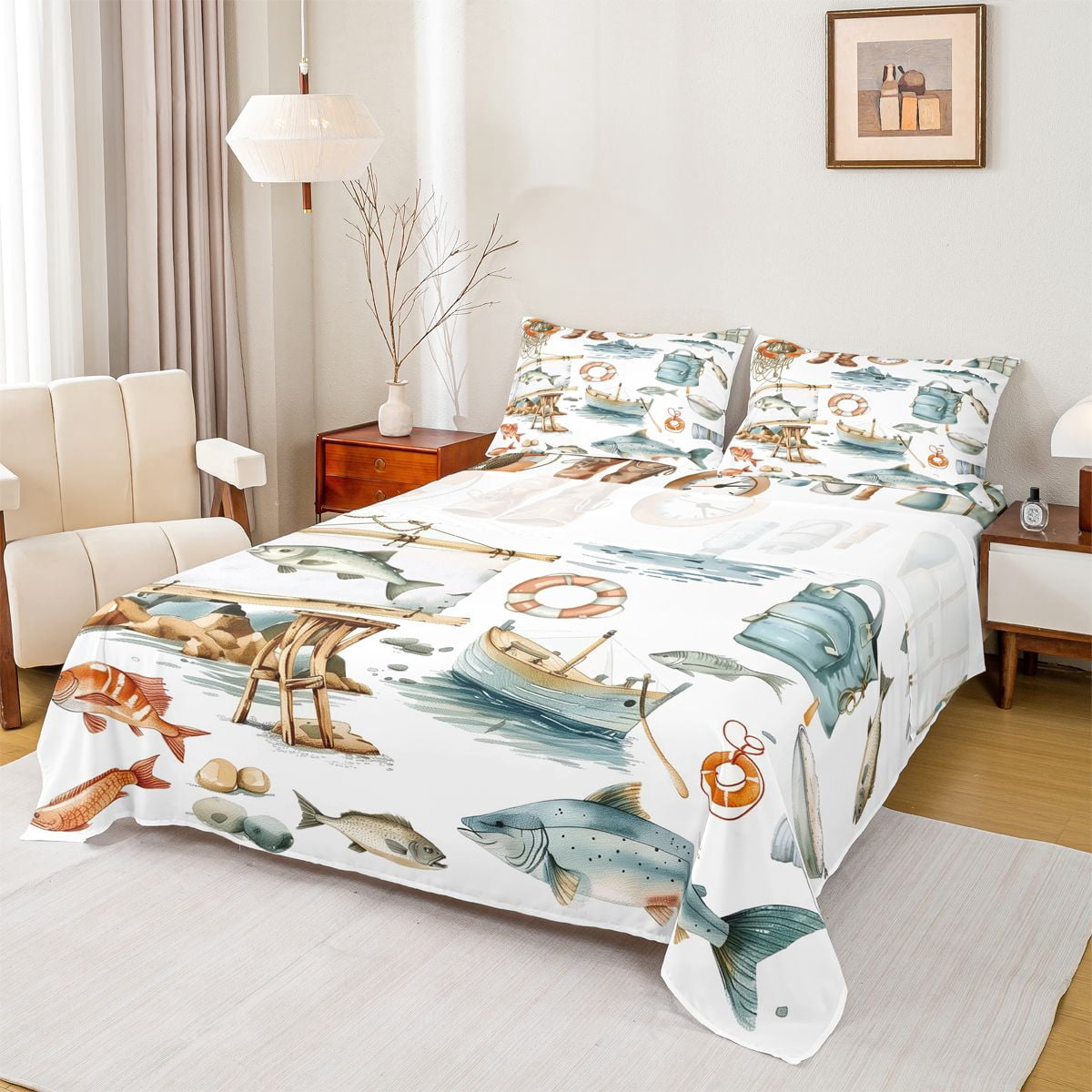 Fish Bedspread Feelyou Rustic Pike Fish Bed Sheets, Cartoon Fishing Theme King Sheets ...