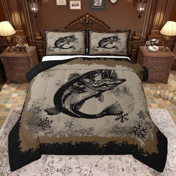 Feelyou Rustic Pike Fish Bedding Comforter Set for Men, Western Happy Christmas Twin Comforter Sets, Hippie Wildlife Animal Reversible Bedding Set, Lightweight Room Decor, 2pcs