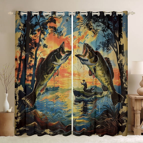 Feelyou Rustic Pike Fish Black Out Curtains, Vintage Lake House Curtains Pack of 2 (42x63 Each), Teens Kids Adult Bedroom Curtains, Window Curtains Decor