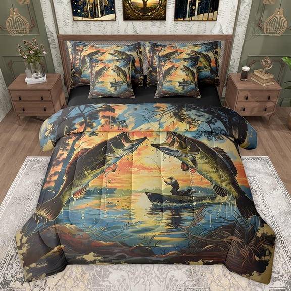 Feelyou Rustic Pike Fish Twin Bedding Sets 7-Piece, Vintage Lake House Bedding Comforter Set, Teens Kids Adult Reversible Sheet Sets, Lightweight Room Decor