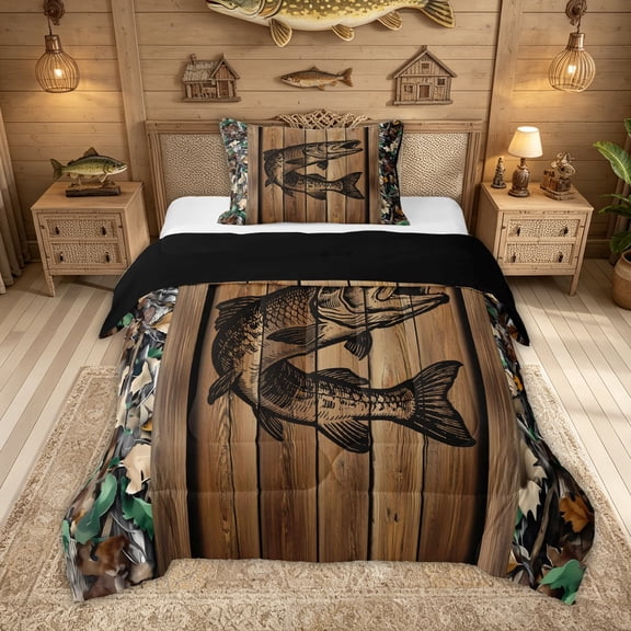 Feelyou Rustic Pike Fish Twin Comforter Sets for Men Boys, Autumn Wood Camo Branches Leaf Bedding Set, Brown, Black Reversible, 2pcs