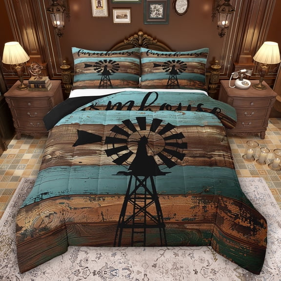 Feelyou Rustic Queen Comforter Set, Wooden Plank Cabin Bedding Comforter Set, 3pcs