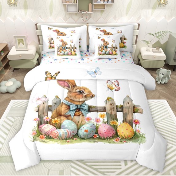 Feelyou Rustic Rabbit Animal Bedding Comforter Set 7 Pieces for Kids, Happy Easter Full Bedding Set, Butterfly Flower Eggs Reversible Fitted Sheet Flat Sheet, Ultra Soft Bedroom Decor