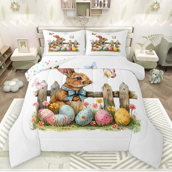 Feelyou Rustic Rabbit Animal Queen Comforter Set for Kids, Happy Easter Bedding Sets, Butterfly Flower Eggs Reversible Bedding Comforter Set, Ultra Soft Bedroom Decor, 3-Piece