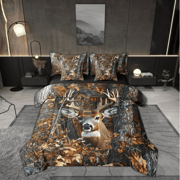 Feelyou Rustic Reindeer Twin Bedding Sets 7-Piece, Deer Elk Animal Bedding Comforter Set, Jungle Leaf Branches Reversible Sheet Sets, Super Cozy Room Decor