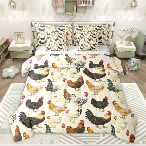 Feelyou Rustic Rooster Bedding Comforter Set 7pcs, Farmhouse Animal King Bedding Sets