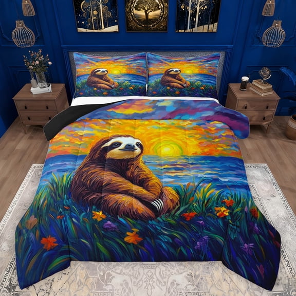 Feelyou Rustic Sloth Kids Bedding Comforter Set, Kawaii Cartoon Animal Twin Comforter Sets, Artwork Oil Printing Reversible Bedding Set, Breathable Home Decor, 2pcs