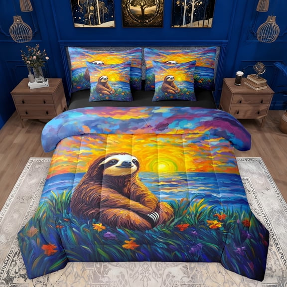 Feelyou Rustic Sloth Kids Twin Bedding Sets 7-Piece, Kawaii Cartoon Animal Bedding Comforter Set, Artwork Oil Printing Reversible Sheet Sets, Breathable Home Decor