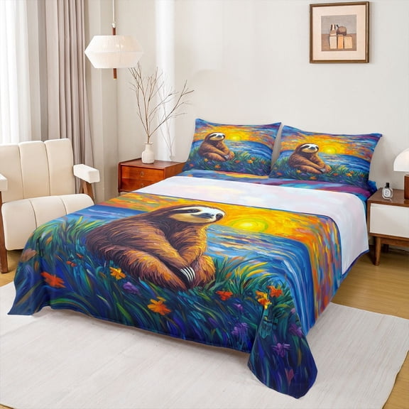 Feelyou Rustic Sloth Kids Twin Sheet Sets, Kawaii Cartoon Animal Twin Fitted Sheet, Artwork Oil Printing Flat Sheet, Breathable Home Decor, 3pcs