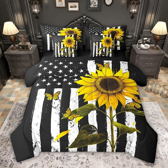 Feelyou Rustic Sunflower Bedding Comforter Set 7pcs, Retro American Flag Queen Bedding Sets, Kawaii Butterfly Animal Reversible Queen Sheet Sets, Microfiber Bedroom Decor