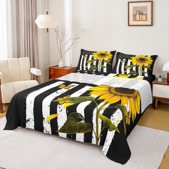 Feelyou Rustic Sunflower Twin Sheet Sets, Retro American Flag Twin Fitted Sheet, Kawaii Butterfly Animal Flat Sheet, Microfiber Bedroom Decor, 3pcs