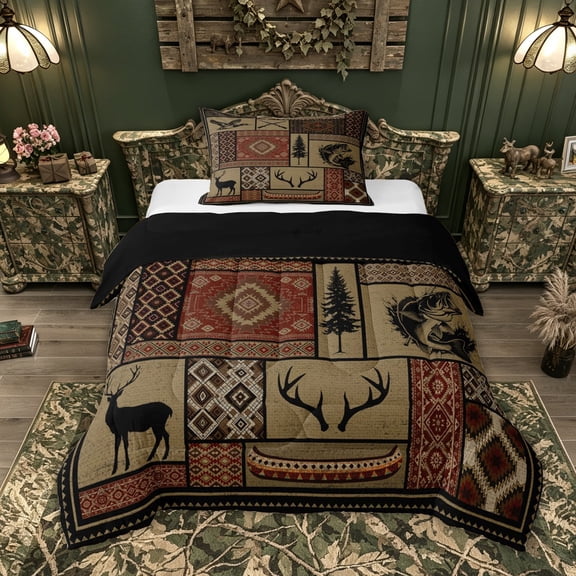 Feelyou Rustic Tribal Fishing Patchwork Twin Comforter Sets for Men Adults, Deer Duck Bass Wildlife Bedding Set, Brown, Black Reversible, 2 Pieces