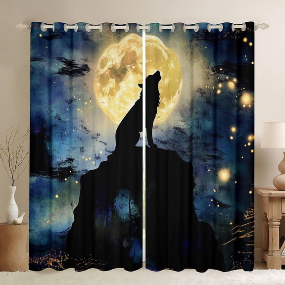 Feelyou Rustic Tribal Wolf Black Out Curtains, Mystic Moon Galaxy Curtains Pack of 2 (42x63 Each), Teens Kids Boys Girls Bedroom Curtains, Living Room Curtains Decor