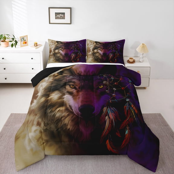Feelyou Rustic Tribal Wolf Queen Comforter Set, Hippie Dream Catcher Bedding Sets, Teens Kids Boys Girls Reversible Bedding Comforter Set, Ultra Soft Bedroom Decor, 3-Piece