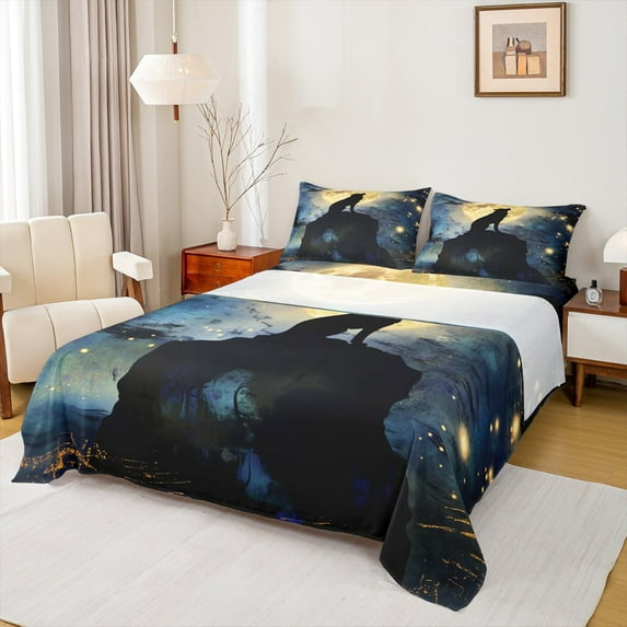 Feelyou Rustic Tribal Wolf Twin Sheet Sets, Mystic Moon Galaxy Twin Fitted Sheet, Teens Kids Boys Girls Flat Sheet, Ultra Soft Bedroom Decor, 3-Piece