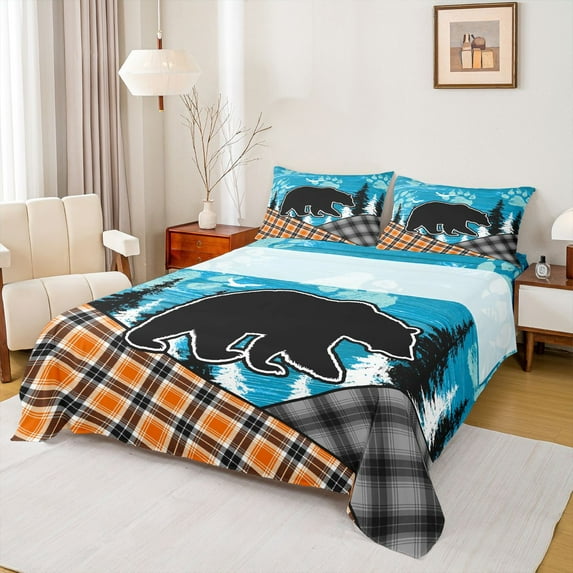 Feelyou Rustic Wildlife Bear Twin Sheet Sets, Checkered Buffalo Plaid Twin Fitted Sheet, Jungle Pine Tree Plant Flat Sheet, Breathable Home Decor, 3-Piece