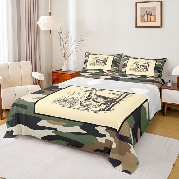 Feelyou Rustic Wildlife Deer Bed Sheets, Green Camo Abstract King Sheets, 4 Pieces