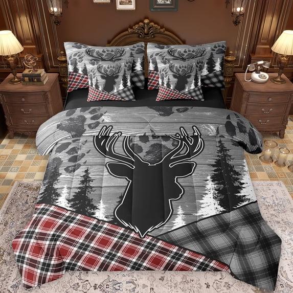 Feelyou Rustic Wildlife Deer Bedding Comforter Set 7 Pieces, Red Grey Checkered Buffalo Full Bedding Set, Vintage Western Farmhouse Reversible Fitted Sheet Flat Sheet, Luxury Bedroom Decor