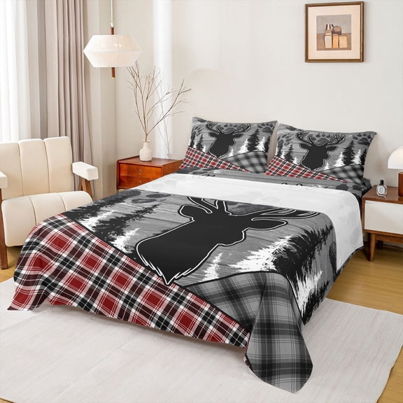 Feelyou Rustic Wildlife Deer Full Size Sheets, Red Grey Checkered Buffalo Bed Sheets, Vintage Western Farmhouse Sheet Sets, Luxury Bedroom Decor, 4-Piece