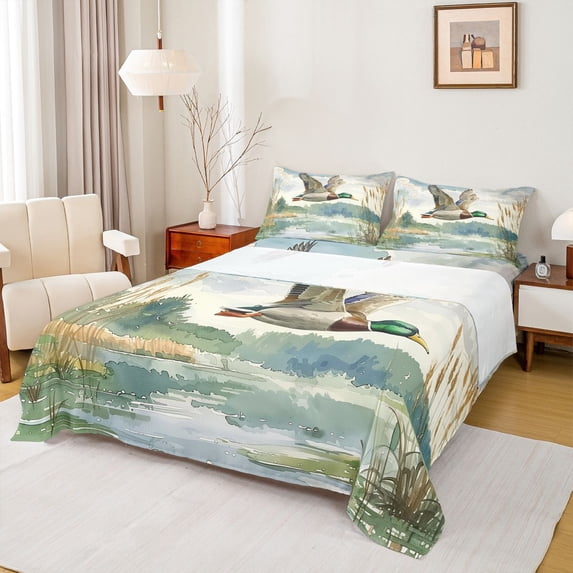 Feelyou Rustic Wildlife Duck Full Size Sheets, Nature Scenery Bed Sheets, 4-Piece