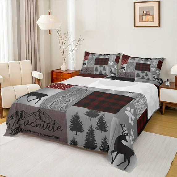 Feelyou Rustic Wildlife Elk Bed Sheets for Adult, Adventure Explorer King Sheets, Vintage Patchwork Buffalo Sheet Set, Super Cozy Room Decor, 4pcs