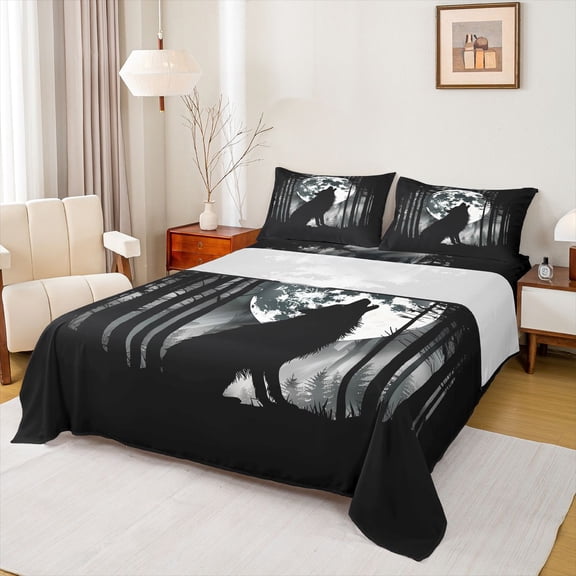 Feelyou Rustic Wolf Animal Bed Sheets, Jungle Moon Galaxy King Sheets, 4pcs