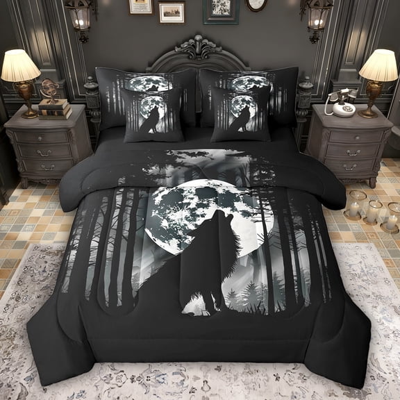 Feelyou Rustic Wolf Animal Bedding Comforter Set 7pcs, Moon Galaxy King Bedding Sets
