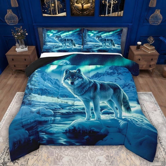 Feelyou Rustic Wolf Animal Twin Comforter Sets, Antarctic Aurora Bedding Set, 2 Pieces