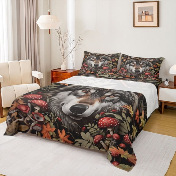 Feelyou Rustic Wolf Print Full Size Sheets, Leaf Botanical PLant Bed Sheets, Cartoon Mushroom Sheet Sets, Breathable Home Decor, 4-Piece