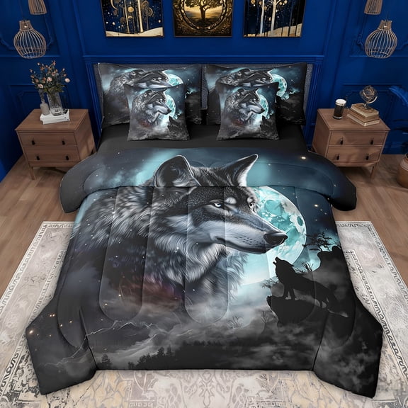 Feelyou Rustic Wolf Wildlife Bedding Comforter Set 7pcs, Mystic Jungle Galaxy King Bedding Sets, Western Animal Theme Reversible Bed Sheets, Microfiber Bedroom Decor