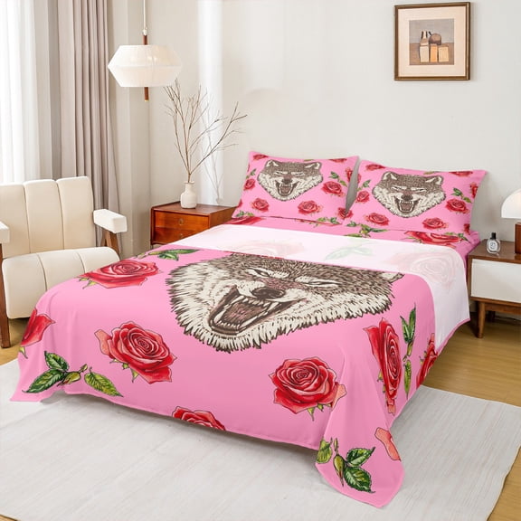 Feelyou Rustic Wolf Wildlife Twin Sheet Sets, Fashion Red Rose Floral Twin Fitted Sheet, Teens Kids Boys Girls Flat Sheet, Luxury Bedroom Decor, 3-Piece