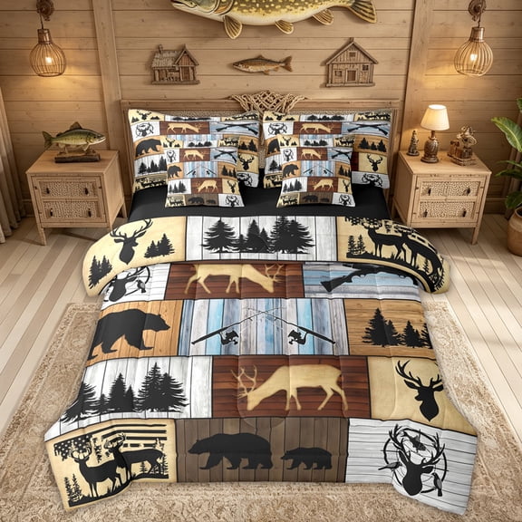 Feelyou Rustic Wood Plank Cabin Bedding Comforter Set for Men Boys, Forest Deer Bear Animal Full Bedding Set, Brown, Black Reversible, 7-Piece