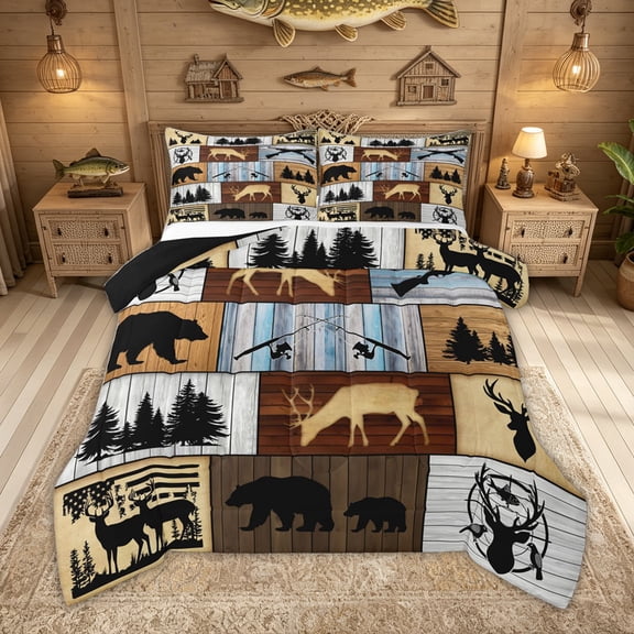 Feelyou Rustic Wood Plank Cabin Queen Comforter Set for Men Boys, Forest Deer Bear Animal Bedding Comforter Set, Brown, Black Reversible, 3-Piece