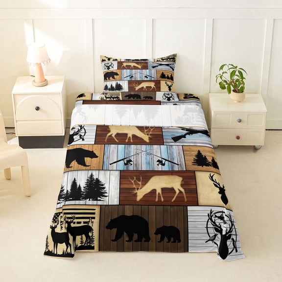 Feelyou Rustic Wood Plank Cabin Twin Sheet Sets for Men Boys, Forest Deer Bear Animal Bedding, Brown, 3-Piece