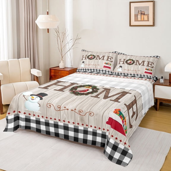 Feelyou Rustic Wooden Cabin Bed Sheets, Christmas Snowman King Sheets, 4 Pieces