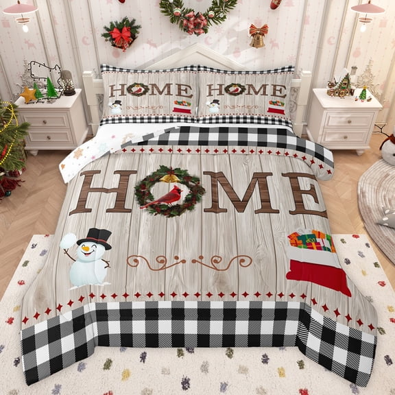 Feelyou Rustic Wooden Cabin Twin Comforter Sets, Christmas Snowman Bedding Set, 2 Pieces