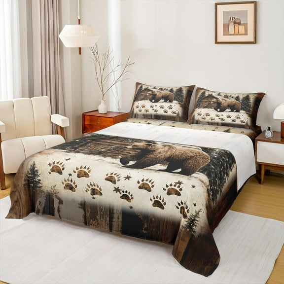 Feelyou Safari Bear Twin Sheet Sets, Rustic Farmhouse Twin Fitted Sheet, Wild Animal Wildlife Flat Sheet, Black Brown Room Decor