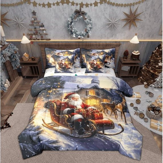 Feelyou Santa Claus Bedding Comforter Set 7pcs for Teens, Dreamy Fairy Tale King Bedding Sets, Christmas Reindeer Reversible Bed Sheets, Lightweight Room Decor