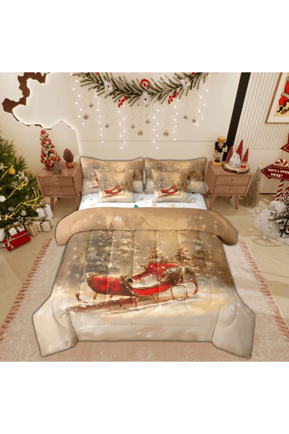 Santa Claus Carriage Twin Bedding Sets 7-Piece, Merry Christmas Bedding Comforter Set, Happy Holiday Reversible Sheet Sets, Microfiber Bedroom Decor