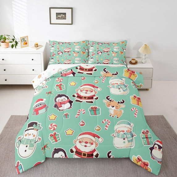 Feelyou Santa Claus Child Full Size Comforter Sets, Merry Christmas Bedding Comforter Set, Kawaii Cartoon Style Reversible Bedding Sets, Microfiber Bedroom Decor, 3pcs